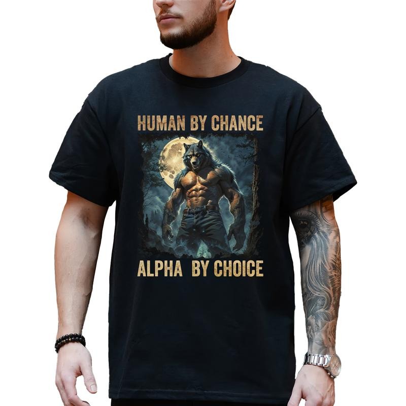 Vintage Human By Chance Alpha By Choice Graphic Tee, Vintage 90s Style Werewolf T-shirt For Men, Wolf Emo Meme Unhinged...