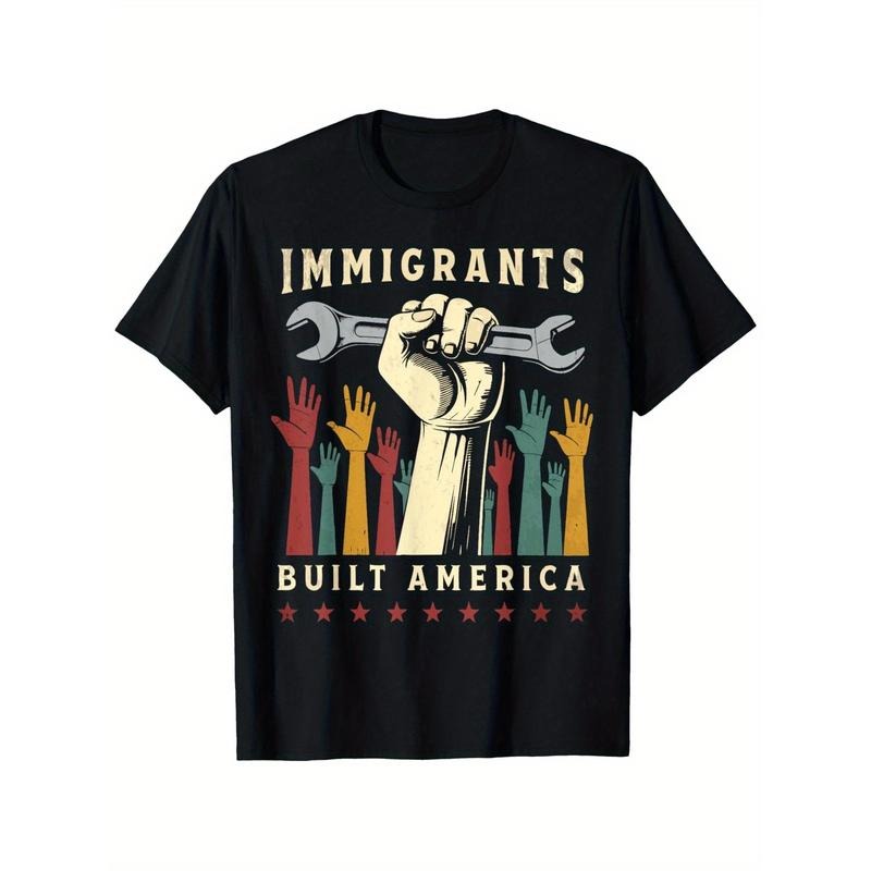Vintage Immigrant Strength USA Pride T-Shirt - Built America Graphic Print with Wrench & Colorful Fists - 180g 100%...