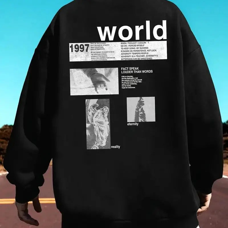 Vintage-Inspired Print Pullover Sweatshirt, Active Sweatshirts for Men. Long Sleeve Crew Neck, Casual Streetwear Fashion,...