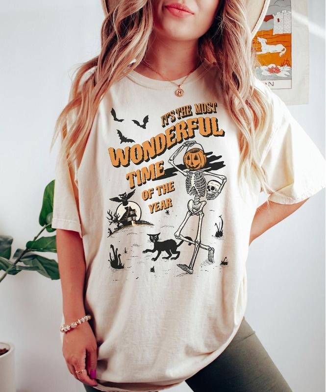 Vintage It's The Most Wonderful Time Of The Year Shirt, Skeleton Dancing Halloween Shirt, Skeleton Black Cat Halloween...
