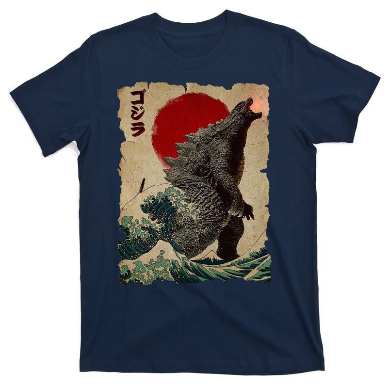 Vintage Japanese Godzilla Great Wave Poster T-Shirt Hoodie Sweatshirt | PrintMintTees.com