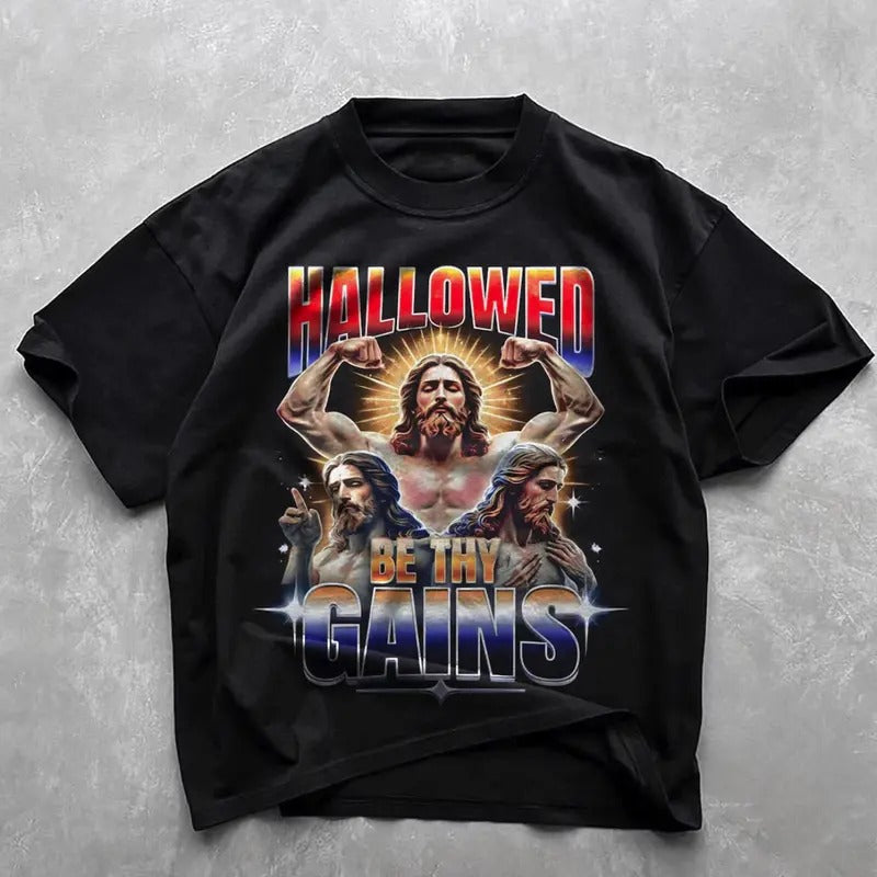 Vintage Jesus Graphic T-shirt, Hallowed Be Thy Gains Funny Gym Shirt, Graphic Tee Gift For BoyfrIend Girlfriend Hoodie...