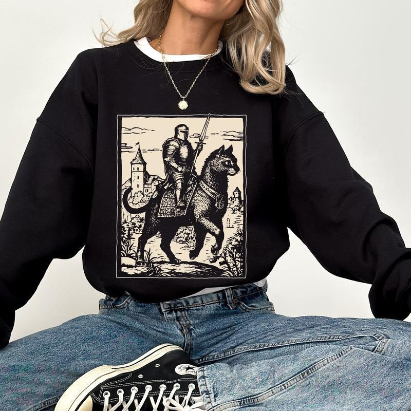 Vintage Knight Riding Cat Retro Knight Kitten Dark Art Grimdark Tops Cat Lover Funny Meme Cotton Womenswear T-Shirts, Hoodie, Sweatshirt