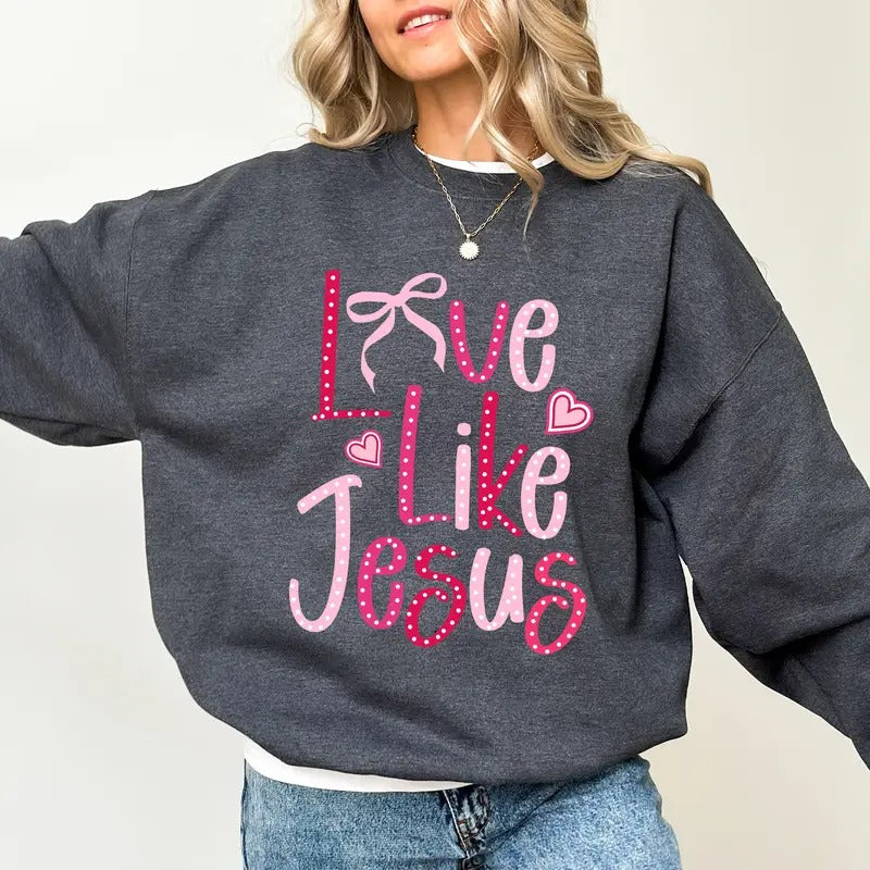 Vintage Love like Jesus Sweatshirt, Coquette Heart Bow Sweater, Valentine's Day Shirt, Christian Clothing Gifts, Bible...