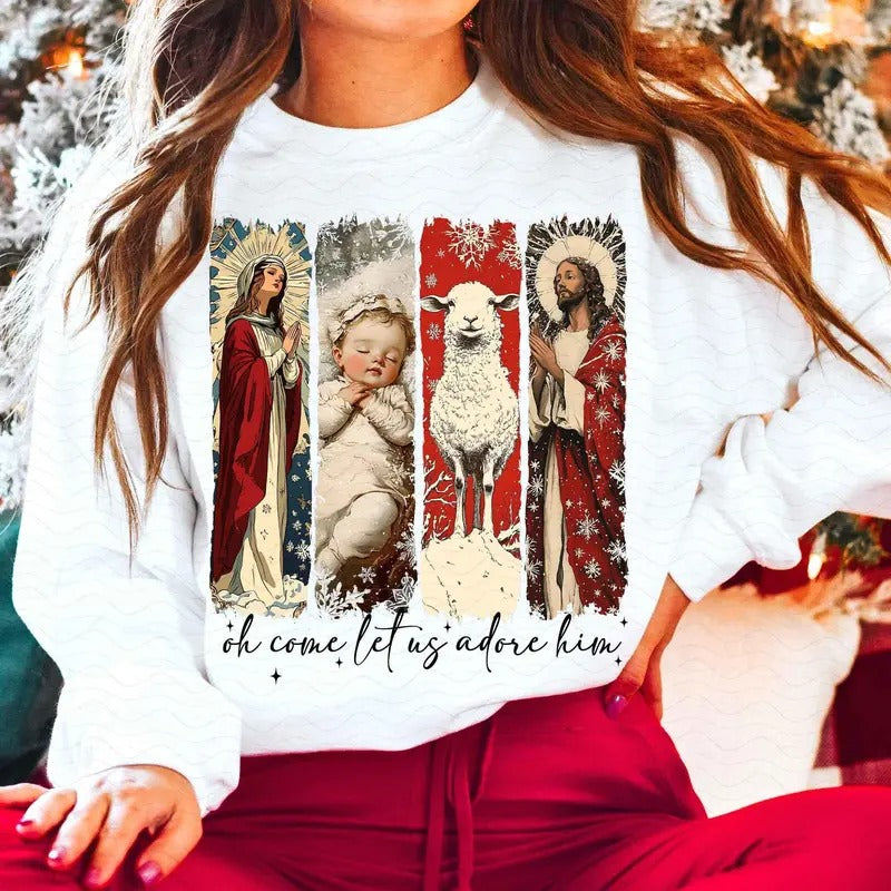 Vintage Oh Come Let Us Adore Him Crewneck Sweatshirt, Nativity Scene, Christmas Night, Retro Jesus Christmas, Baby Jesus,...