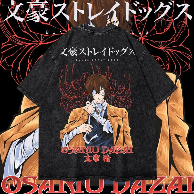 Vintage Osamu Dazai Washed Oversized Tee, Bungo Stray Dogs Anime Manga Washed Heavy Cotton Special Graphic T-shirt Gift...