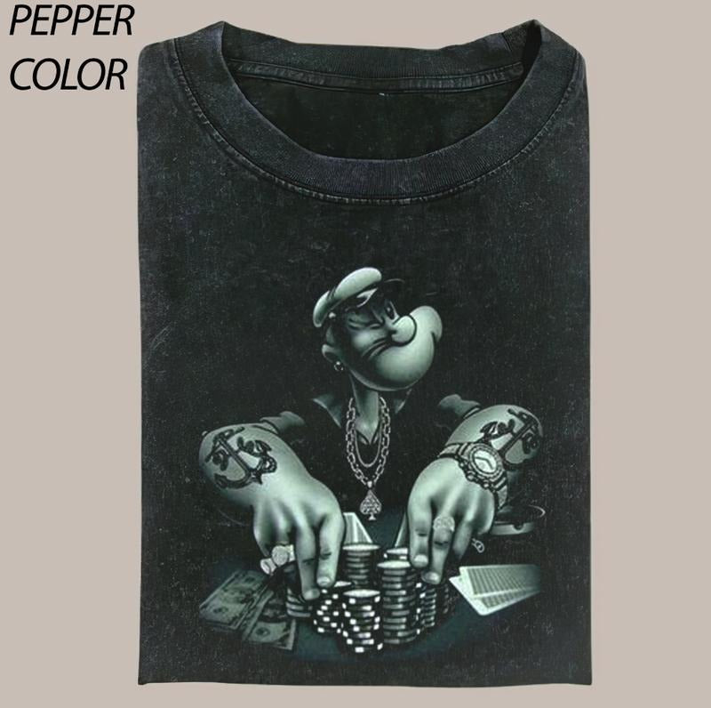 Vintage Popeye playing poker CrewNeck T-shirt, Funny Poker Graphic Tee, Valentine's Day For Him, Valentine's Gift For...