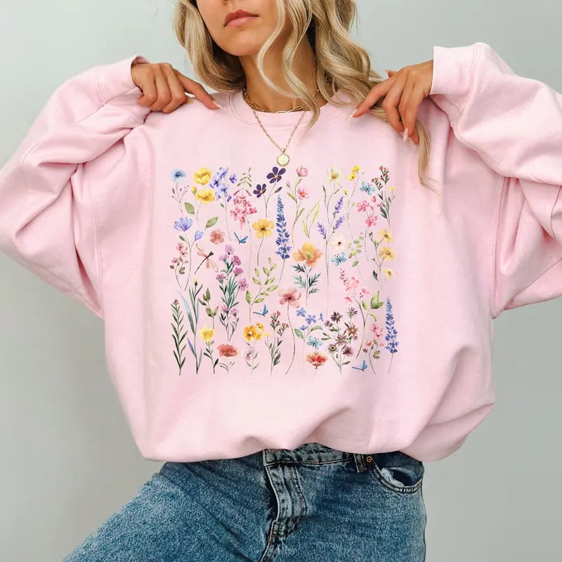 Vintage Pressed Flowers Boho Wildflowers Cottagecore Botanical Floral Pastel Flowers Tops Unhinged Casual Womenswear Soft Cotton Fabric Fit Chic T-Shirts, Hoodie, Sweatshirt