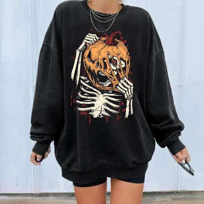 Vintage Pumpkin Skeleton Halloween Sweatshirt, Pumpkin Face Halloween, Skeleton Sweatshirt, 90s Halloween Shirt, Skeleton...