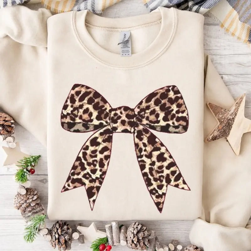 Vintage Retro Leopard Pattern Printed Coquette Bow Sweatshirt, Soft Girl, Soft Mom Era Unisex Tee Hoodie | PrintMintTees.com