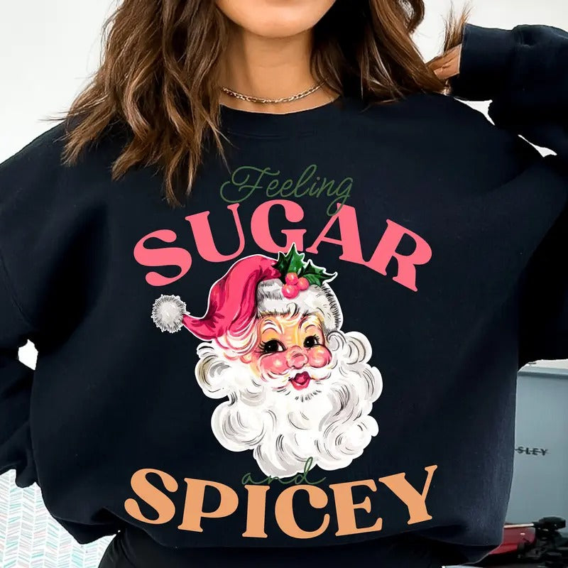 Vintage Retro Santa Christmas Sweatshirt, Sugar and Spice Unisex Fit Pullover - Fabric Shirt Hoodie | PrintMintTees.com