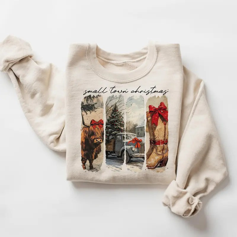 Vintage Small Town Christmas Sweatshirt, Cowgirl Christmas Sweater, Small Town Girl Christmas Shirt, Highland Cow...