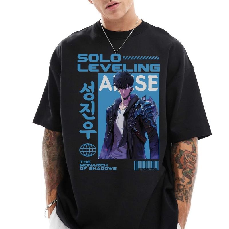 Vintage Solo Leveling Cotton T-shirt, Anime Street Hip-Hop Short Sleeve Pattern Summer Unisex Clothing Menswear Top...