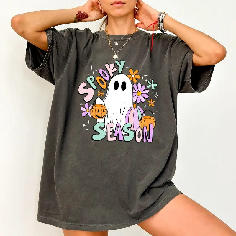 Vintage Spooky Season Comfort Colors Shirt, Cute Ghost Halloween Graphic Tee, Retro Floral Ghost Unhinged Shirt, Funny...