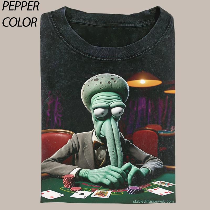 Vintage Squilliam Fancyson playing poker CrewNeck T-shirt, spongebob Movie Shirt,  Lucky Poker Graphic Tee Gift For...