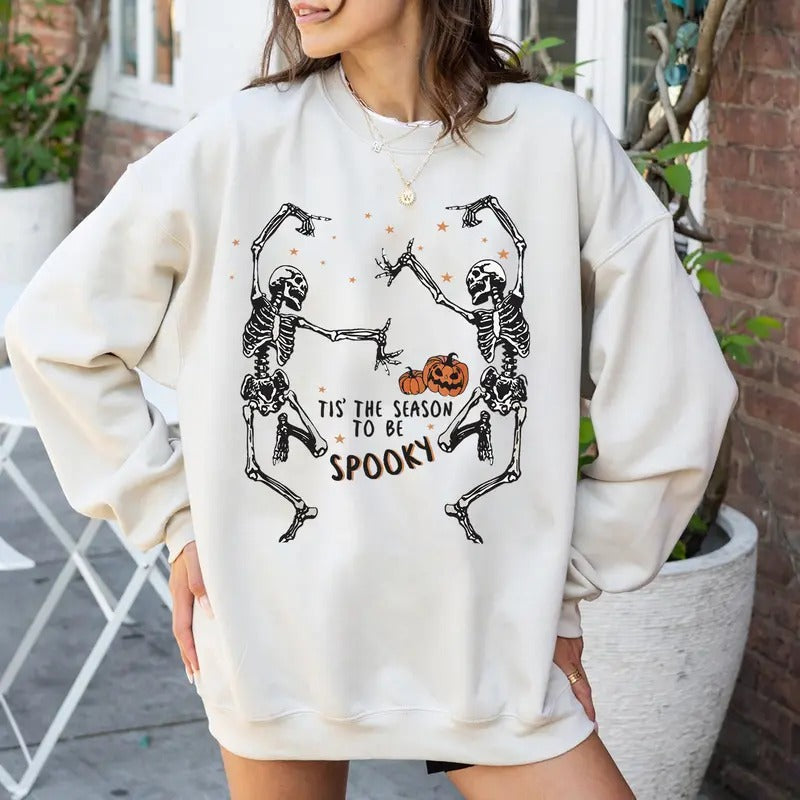 Vintage Tis The Season To Be Spooky Halloween Sweatshirt, Spooky Season Sweater, Dancing Skeleton Sweatshirt, Retro Ghost...
