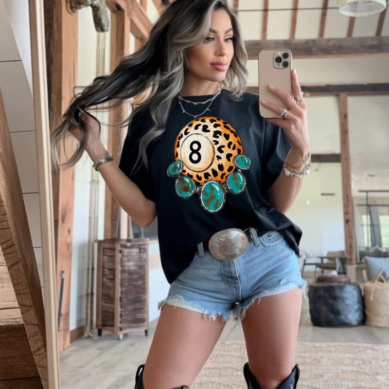 Vintage Turquoise Leopard 8 Ball, Graphic Crewneck Sweatshirt, cowgirl outfits, western clothing, western tops outfits...