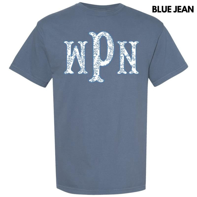Vintage Vines Blue Monogram Comfort Colors T-Shirt 'NLB' Hoodie Sweatshirt | PrintMintTees.com