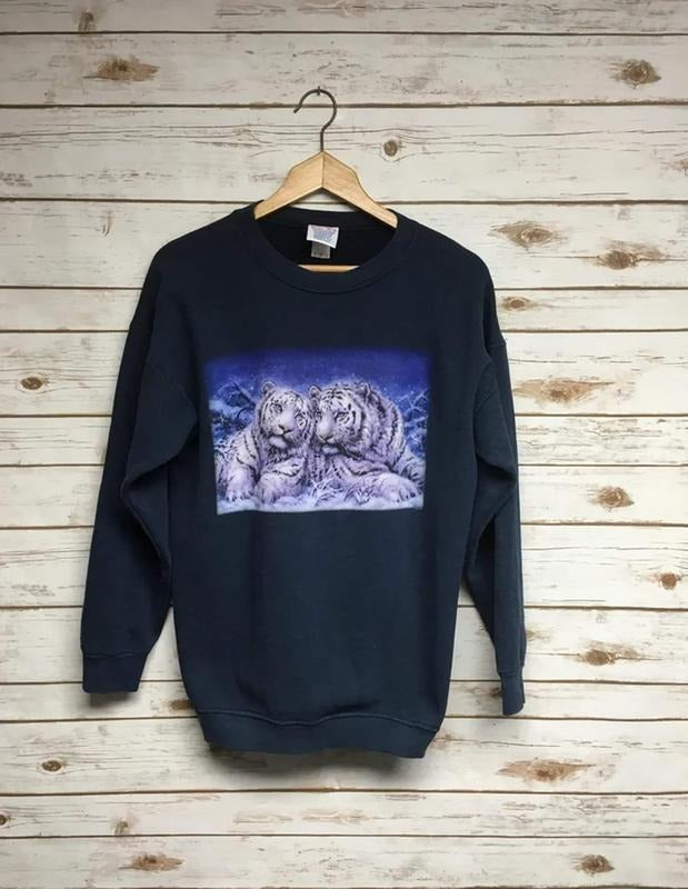 Vintage White Tiger crewneck sweatshirt navy blue big cat tiger crew neck sweatshirt animal print zoo sweatshirt cat...