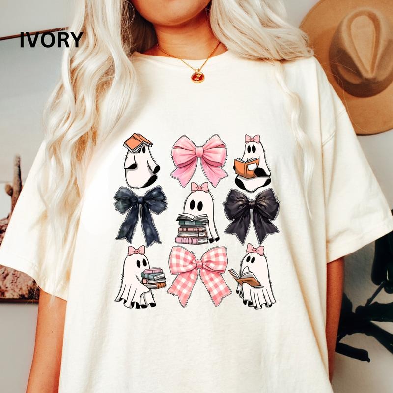 WOMENS GRAPHIC TEES, BOWS AND BOOKS SHIRT, HALLOWEEN BOW COQUETTE SHIRT, WOMEN'S READING SHIRT, (COMFORT COLORS T-SHIRT,...