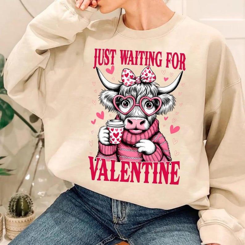 Waiting for Valentine | Highland Cow Heart Crewneck | Retro Coquette Sweatshirt Shirt Hoodie | PrintMintTees.com