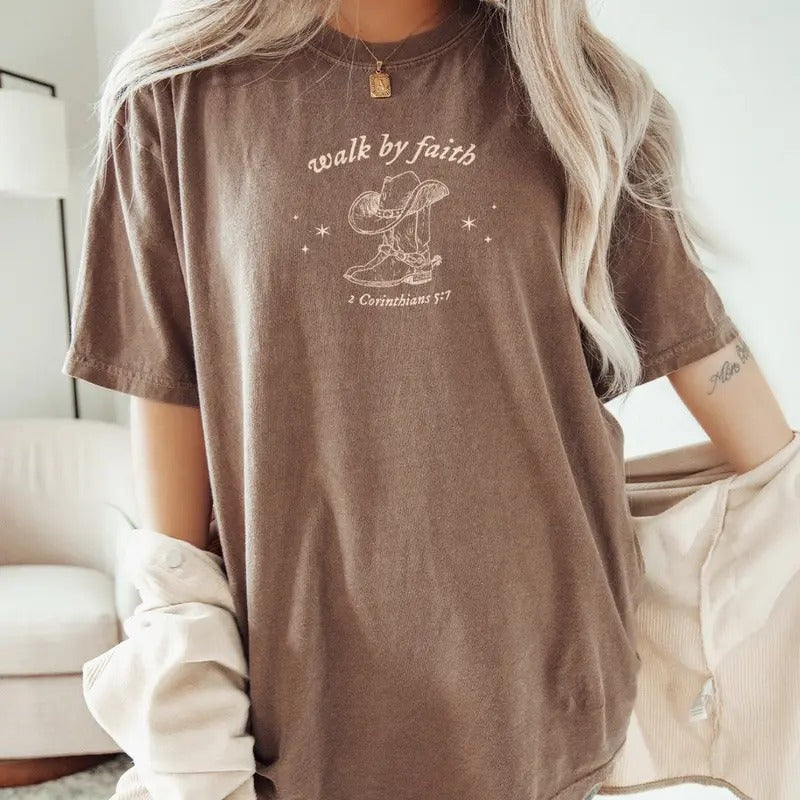 Walk By Faith Bible Verse T Shirt, Western Faith Based Clothing, Minimalist Christian Shirts Cotton Top Hoodie Sweatshirt