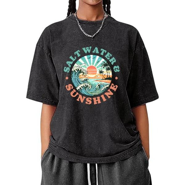 Washed T - Shirt Embracing Coastal Aura: "Salt Waters Sunshine" with a Breathtaking Ocean Sunset and Palm Trees Graphic