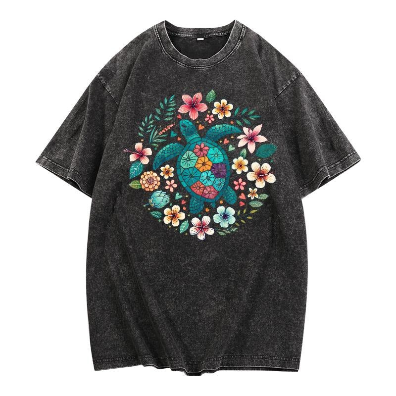 Washed T - Shirt for Nature Lovers: Flaunt a Beautiful Turtle - Floral Graphic style 02 Hoodie Sweatshirt | PrintMintTees.com