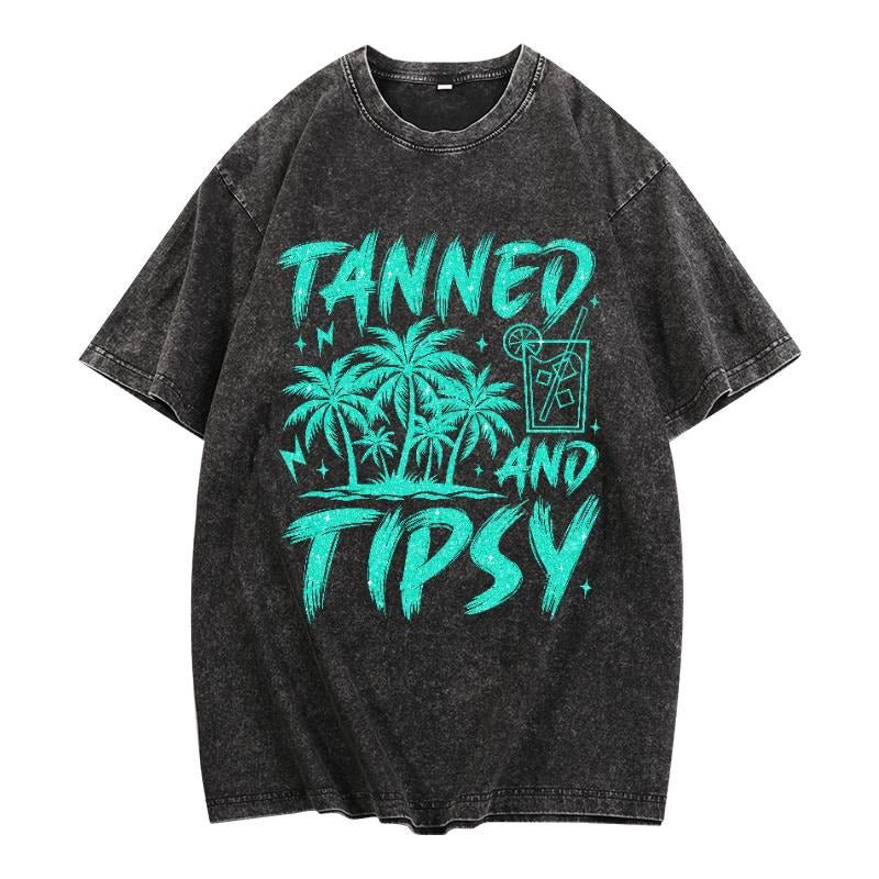 Washed T - Shirt with Beachy "Tanned and Tipsy" Design: Palm Trees and Cocktail Graphics for a Sunny Vibe style 02 Hoodie...