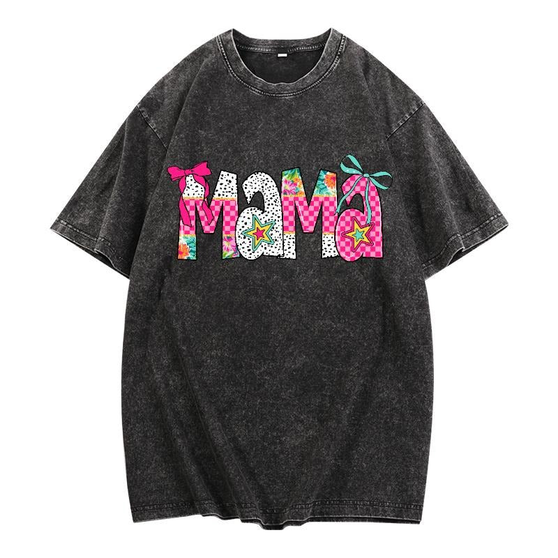 Washed T - Shirt with Dynamic "Mama" Design: Fun Patterns and Bows for a Trendy Vibe style 02 Hoodie Sweatshirt |...