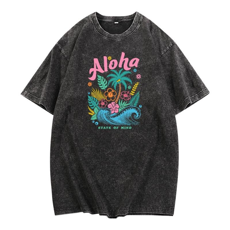 Washed T - Shirt with Tropical "Aloha State of Mind" Design for Beachy Vibes style 02 Hoodie Sweatshirt | PrintMintTees.com