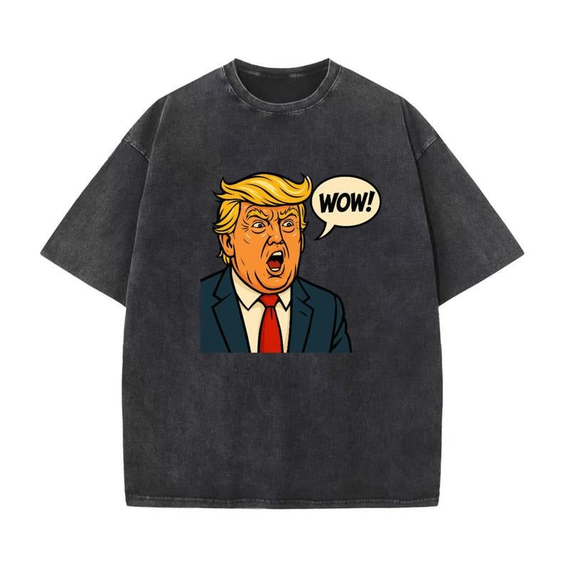 Washed cartoon character T-shirt with red tie and "Wow!" speech bubble Hoodie Sweatshirt | PrintMintTees.com