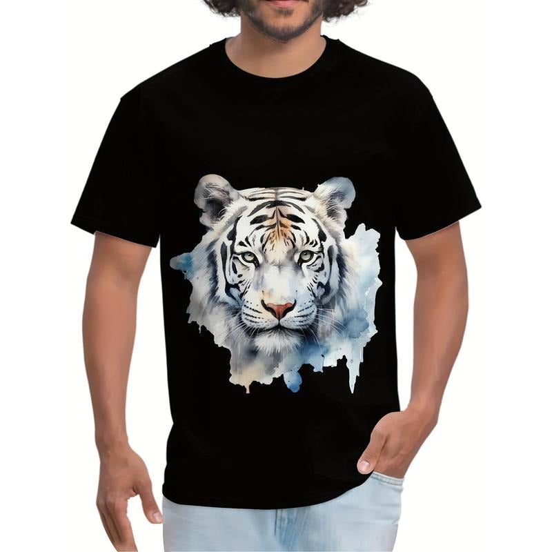 Water Color Style Tiger Pattern Crew Neck And Short Sleeve T-shirt, Chic And Trendy Summer Tops For Men's Outdoors...