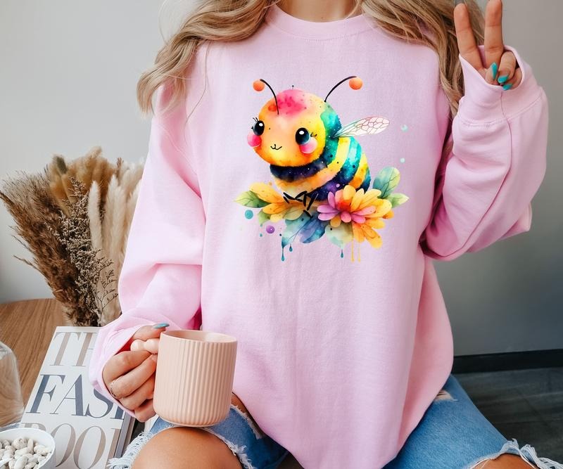 Watercolor Floral Bee Crewneck Sweatshirt T-Shirts, Hoodie | PrintMintTees.com