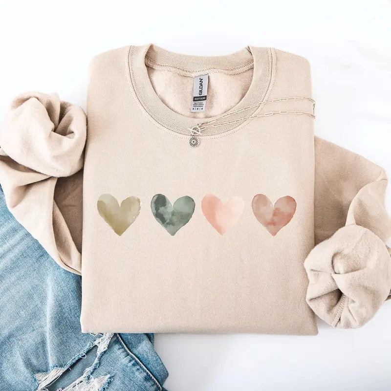 Watercolor Hearts, Valentine's Day, Love, Classic, Minimalist Sweatshirt, Crew Neck, Women's, Crewneck, Valentine's Day,...
