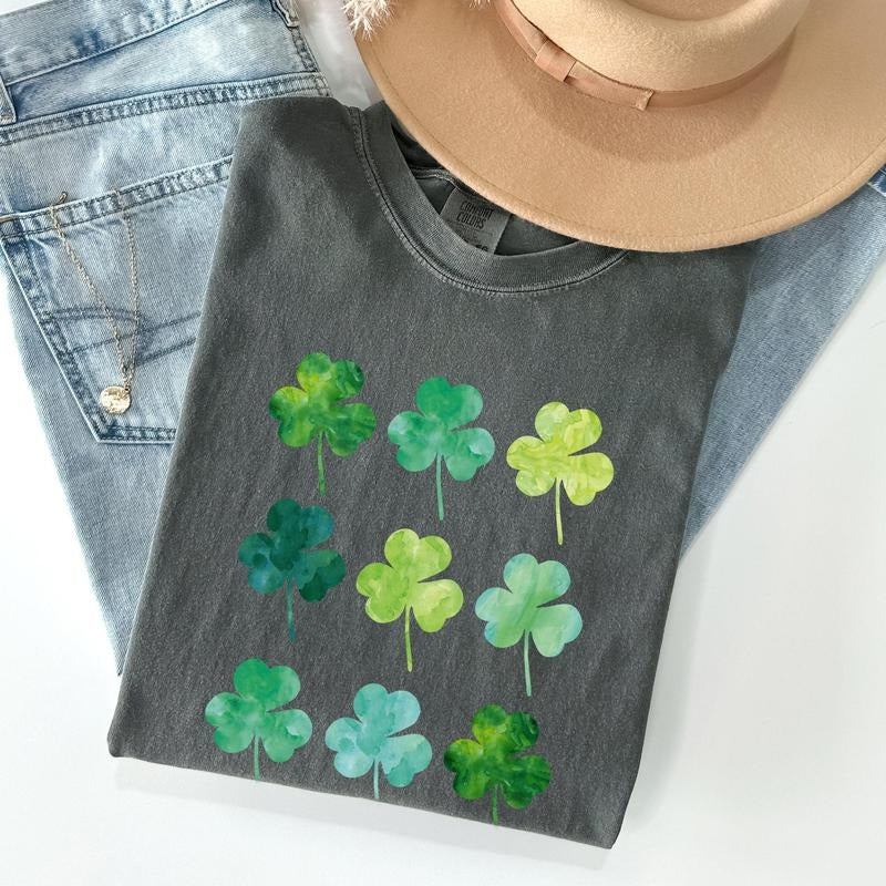 Watercolor Shamrocks Rows St Patrick'S Day Comfort Colors Crew Neck T-Shirts, Hoodie, Sweatshirt