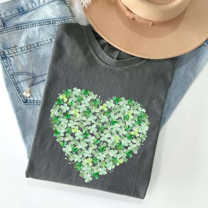 Watercolor Shamrocks, Heart, St Patrick's Day Comfort Colors Tshirt, Women's Crew Neck, Crewneck Hoodie Sweatshirt