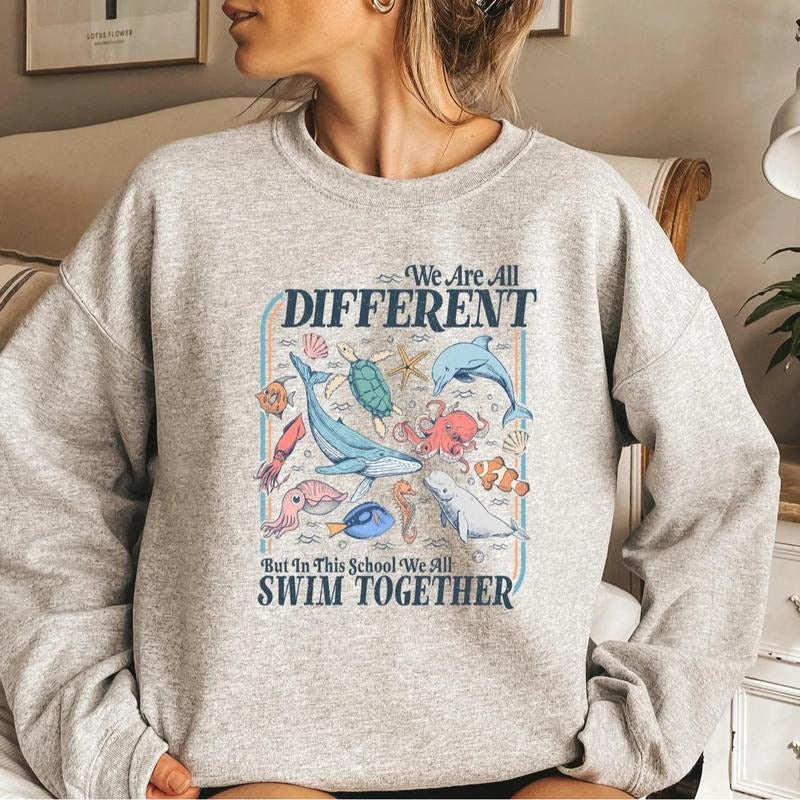 We Are All Different Swim Together Shirt, Teacher T-Shirt Back to School 2025, Inclusive Ocean Animals Tee, Teacher...