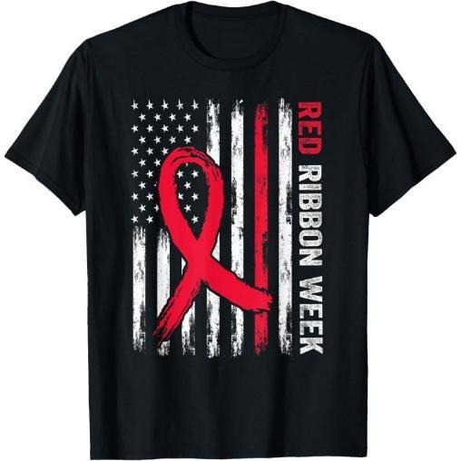 We Wear Red For Red Ribbon Week Awareness American Flag T-Shirt Made in USA Hoodie Sweatshirt | PrintMintTees.com