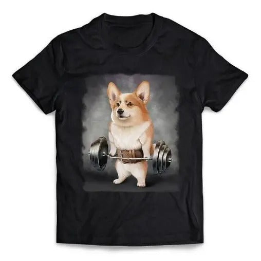 Welsh Corgi Dog Deadlift and Barbell Shrug Routine at Gym - Short-Sleeve Unisex T-Shirt Made in USA Hoodie Sweatshirt