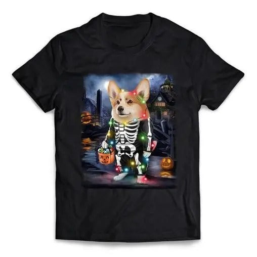 Welsh Corgi Dog in Skeleton Costume for a Spooky Halloween Haunted House - Short-Sleeve Unisex T-Shirt Made in USA Hoodie...