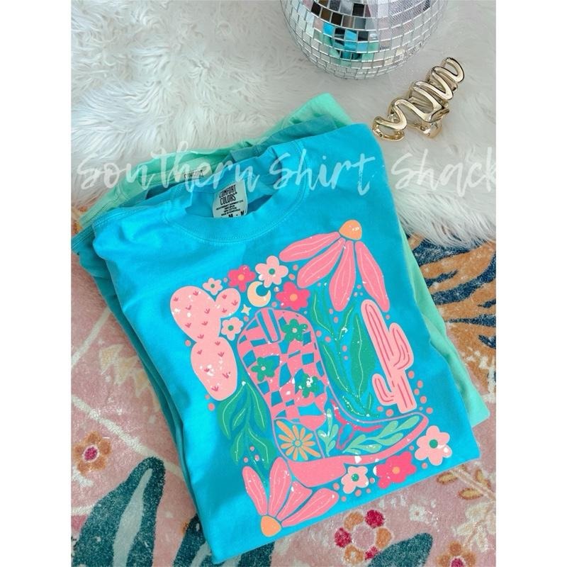 Western Cactus Cowgirl Boot T shirt  | Lagoon Blue comfort colors t shirt Hoodie Sweatshirt | PrintMintTees.com