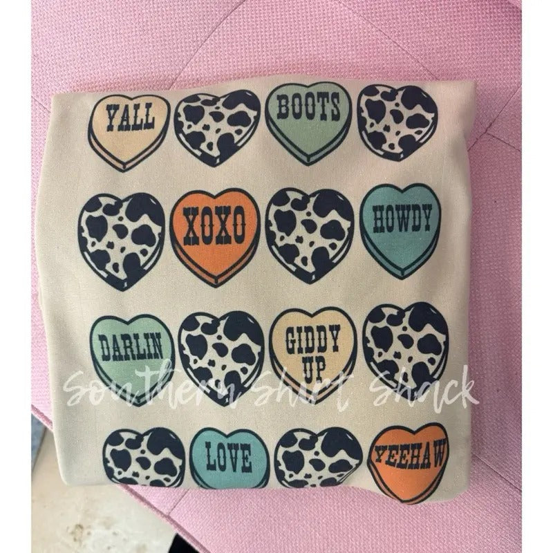 Western Cowprint Conversation Hearts Sweatshirt ~ Sand Shirt Hoodie | PrintMintTees.com