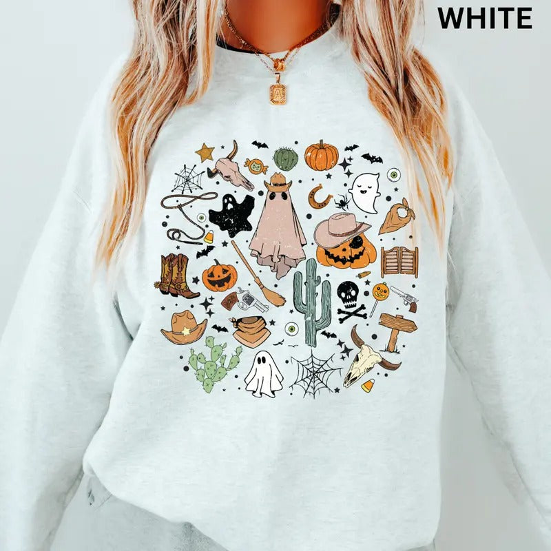Western Halloween Crewneck, Halloween Doodles Sweatshirt, Oversized Halloween Graphic Crewneck, Cotton Pullover Spooky...
