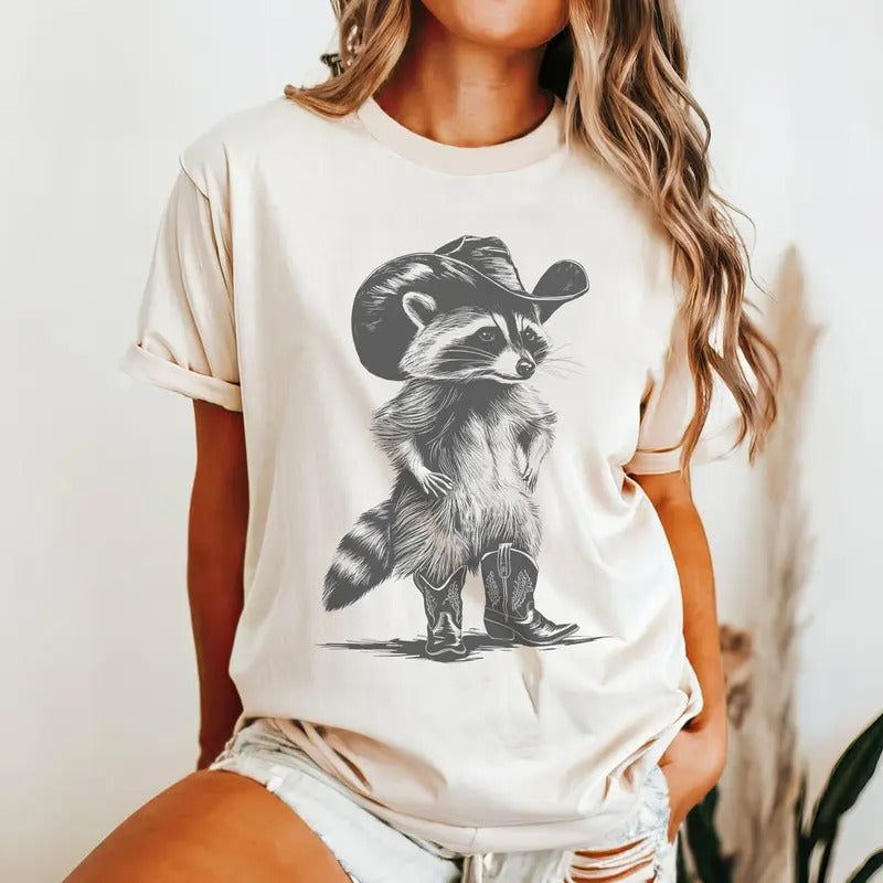 Western Raccoon Shirt, Vintage Cowboy Racoon Graphic Tee, Funny Raccoon Meme T-Shirt Cotton Top Light Soft Hoodie Sweatshirt