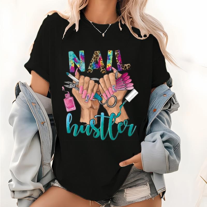 Western Tie Dye Nail Hustler Print T Shirt, Leopard Nail Hustler Pattern Tops, Nail Hustler Technician Graphic Tee style...