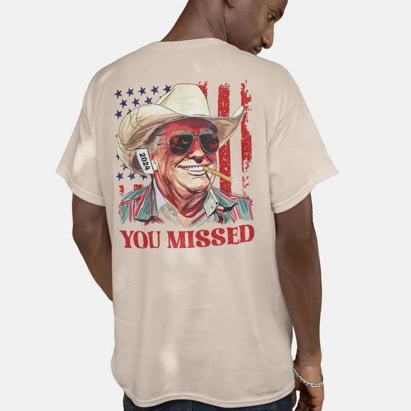 Western Trump Cowboy You Missed Flag Back 2 Side Iconic Casual Comfort Colors T-Shirts, Hoodie, Sweatshirt
