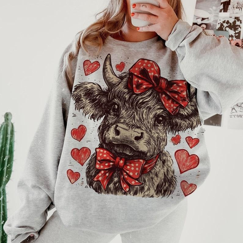 Western Valentine Highland Cow | Love Season Crewneck Sweatshirt | Gift for Love Day Shirt Hoodie | PrintMintTees.com