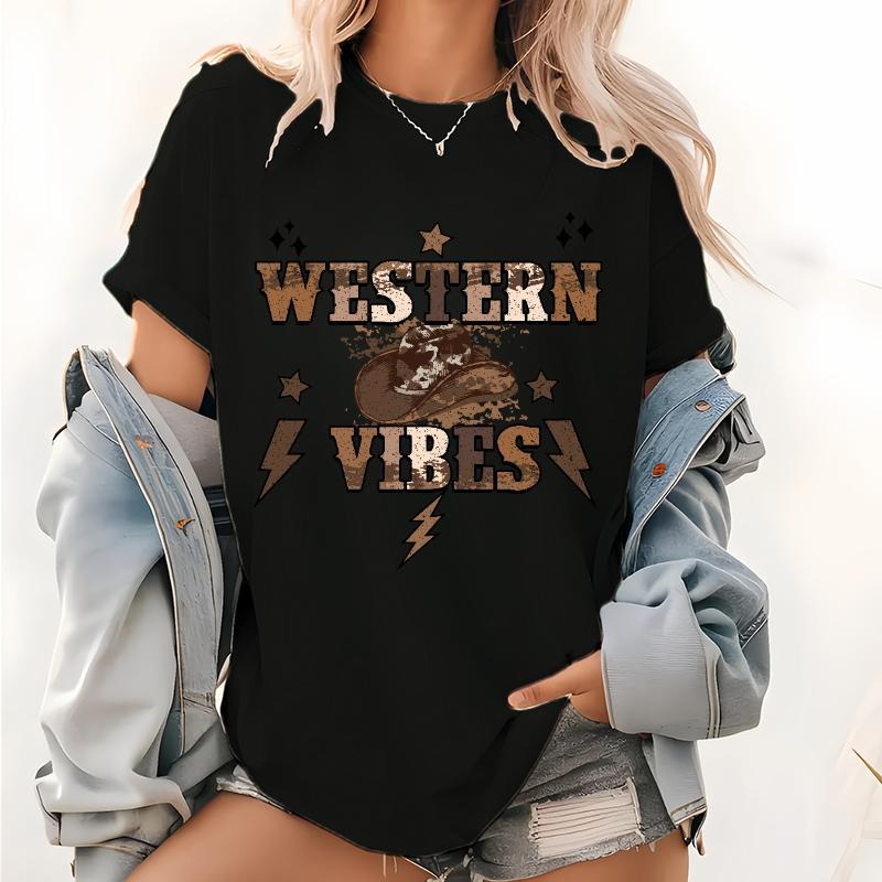 Western Vibes Print Tops, Country Pattern T Shirt, Retro Cowgirl Short Sleeve Tee style 02 Hoodie Sweatshirt