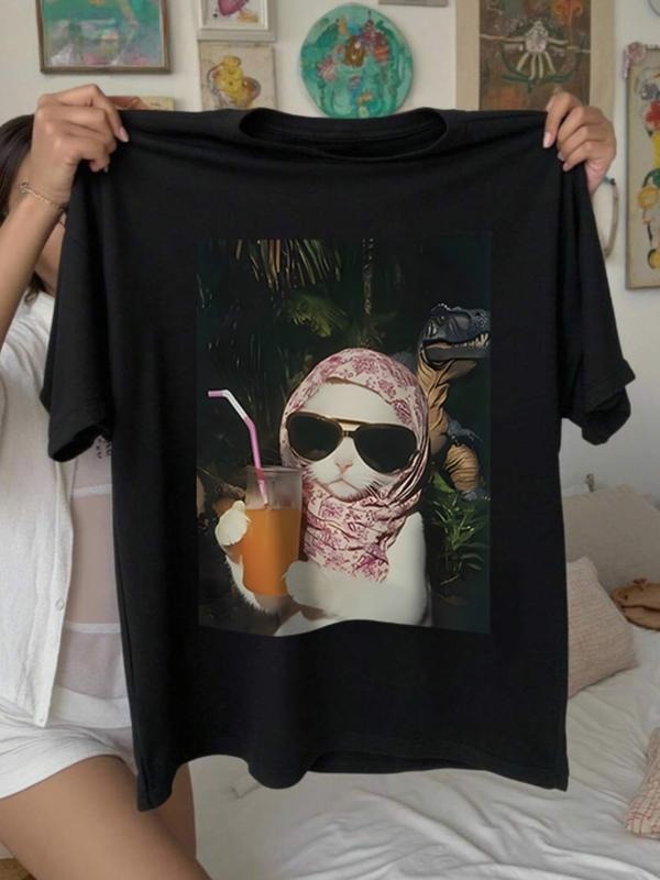 Whimsical Casual Oversized T-Shirt - Funny Cool Cat & Dinosaur Graphic Tee Hoodie Sweatshirt | PrintMintTees.com